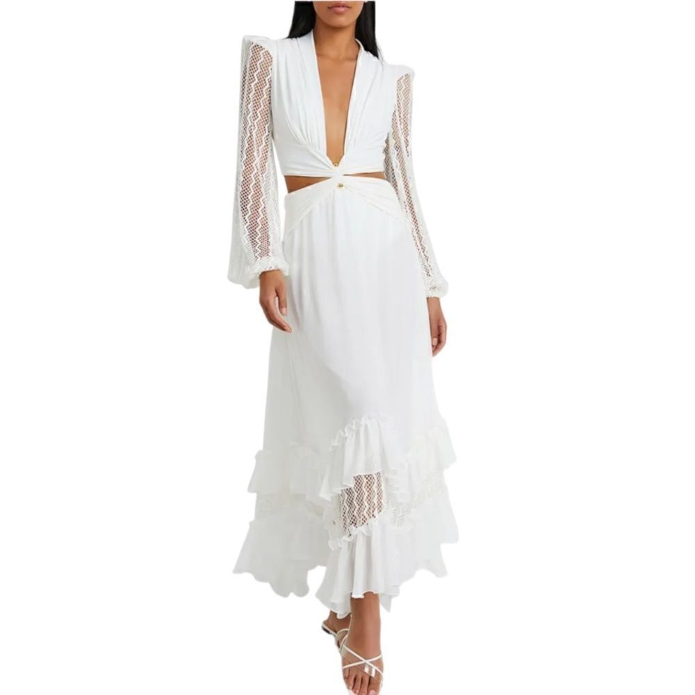 PatBo Plunge Lace Sleeve Maxi Dress in White.Size M